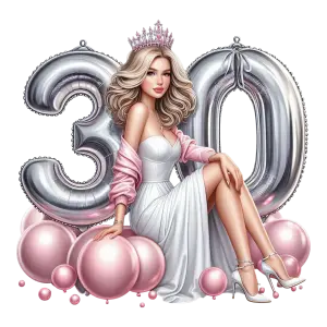 Stylish Woman Celebrating 30th Birthday with Silver Balloon Numbers and Pink Balloons