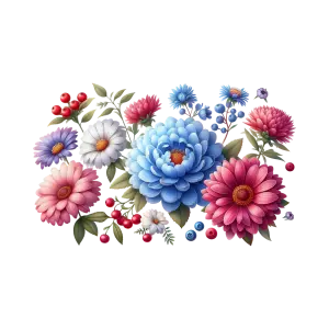 Colorful Floral Bouquet with Blue, Pink, Purple, and White Flowers and Red Berries