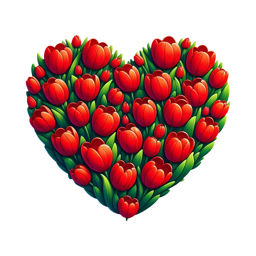 Heart Shaped Arrangement of Red Tulips with Green Leaves