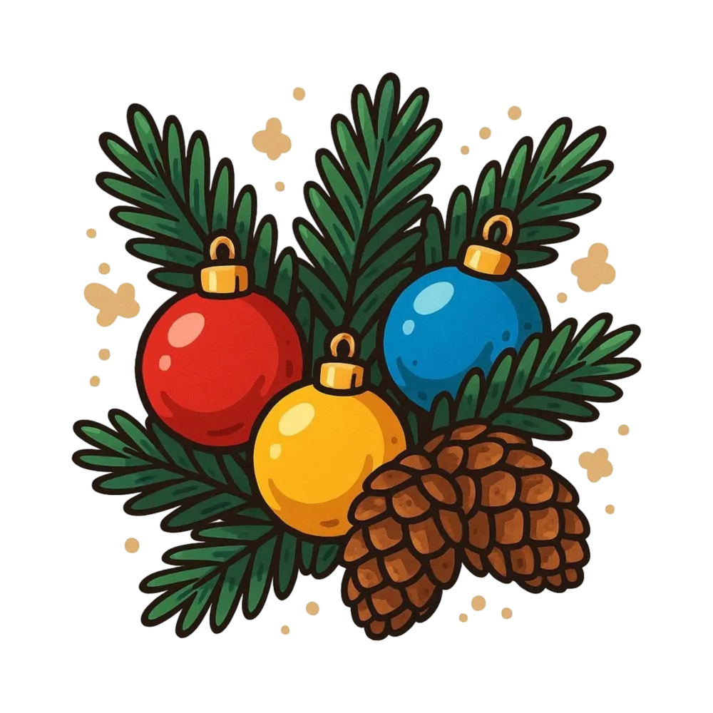 Christmas Pine Branch with Colored Ornaments and Pine Cones