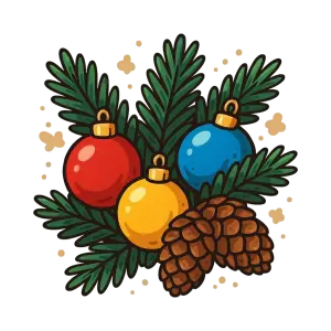 Christmas Pine Branch with Colored Ornaments and Pine Cones