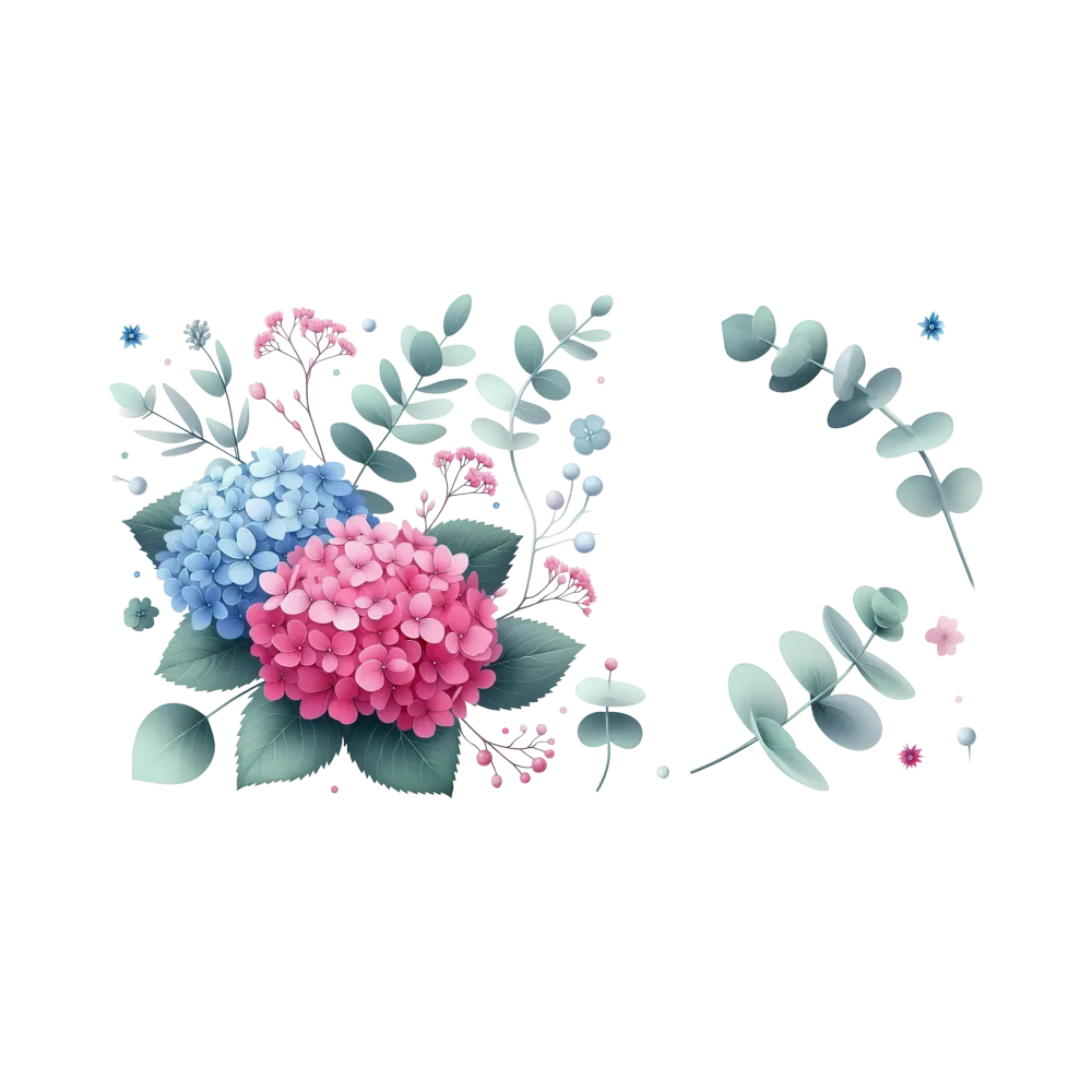 Blue and Pink Hydrangea Floral Frame with Eucalyptus Leaves