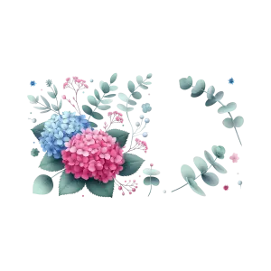 Blue and Pink Hydrangea Floral Frame with Eucalyptus Leaves