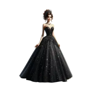 Elegant Woman in Sparkling Black Ball Gown and Tiara