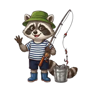 Cute Raccoon Fisherman Cartoon Character with Fishing Rod and Bucket of Fish