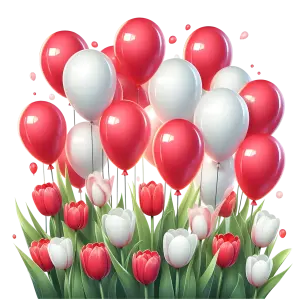 Red and White Balloons with Tulips Arrangement
