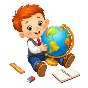 Cute Cartoon Boy Holding Globe with School Supplies