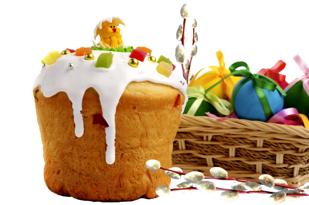 Easter Cake with Icing and Decorated Eggs Basket