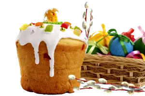 Easter Cake with Icing and Decorated Eggs Basket