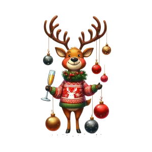 Festive Reindeer Wearing Christmas Sweater with Ornaments and Champagne