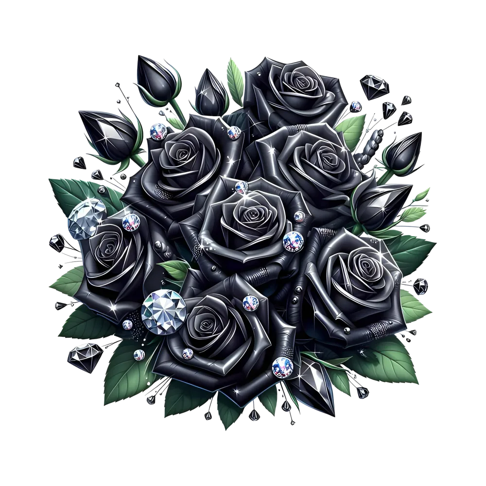 Bouquet of Black Roses with Sparkling Diamonds and Green Leaves