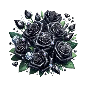 Bouquet of Black Roses with Sparkling Diamonds and Green Leaves