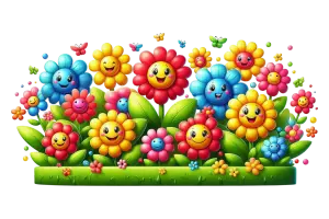 Colorful Cartoon Smiling Flowers with Butterflies