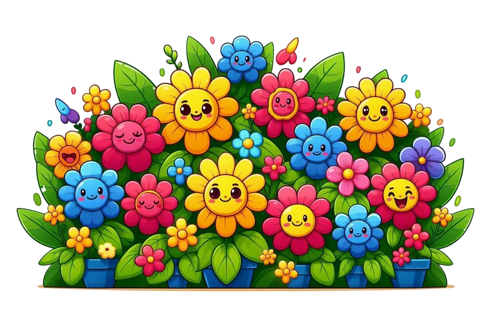 Colorful Cartoon Flowers with Happy Faces in Blue Pots