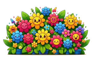 Colorful Cartoon Flowers with Happy Faces in Blue Pots