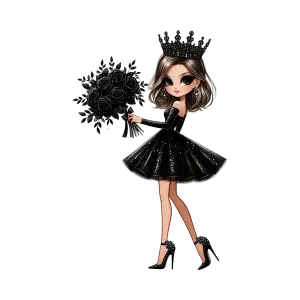 Stylish Cartoon Woman in Black Dress with Crown and Bouquet