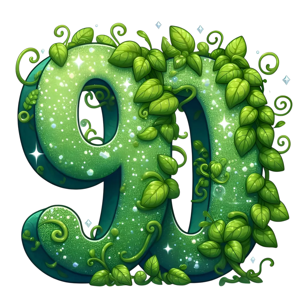 Green Nature Themed Number 90 with Leaves and Vines
