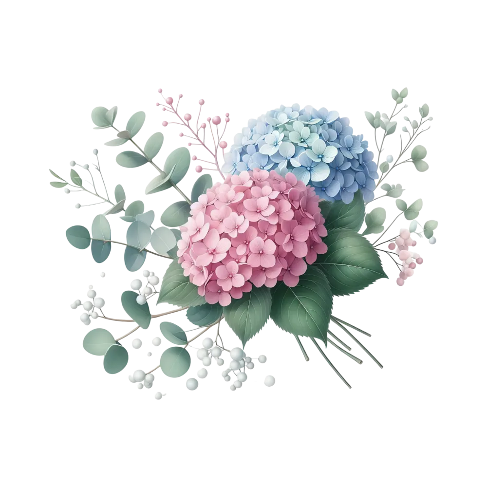 Pink and Blue Hydrangea Floral Arrangement with Green Leaves