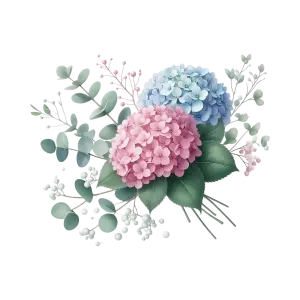 Pink and Blue Hydrangea Floral Arrangement with Green Leaves