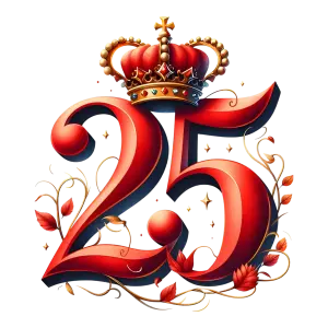 Decorative Red Number 25 with Crown and Autumn Leaves