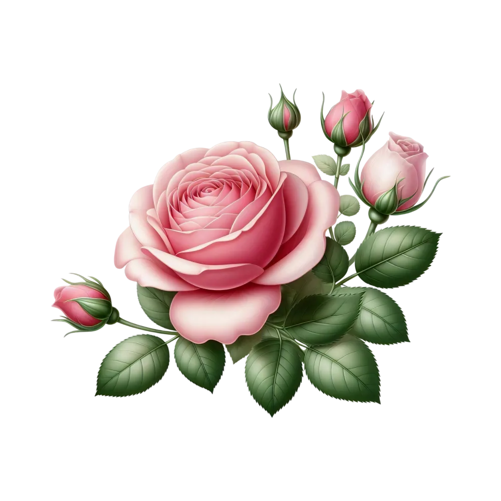 Pink Rose Flower with Buds and Green Leaves