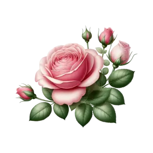 Pink Rose Flower with Buds and Green Leaves