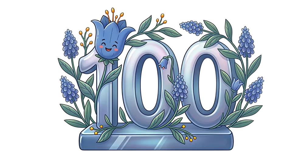 Decorative Number 100 with Blue Floral Design