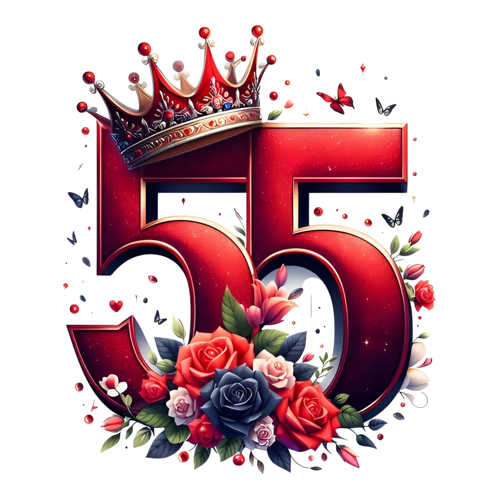 Decorative Red Number 55 with Crown and Flower Bouquet