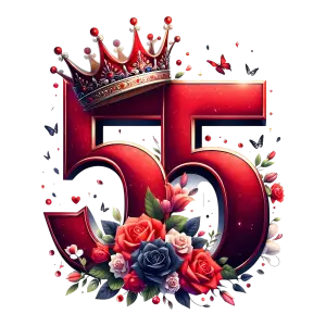 Decorative Red Number 55 with Crown and Flower Bouquet