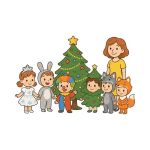 Kids in Christmas Costumes with Christmas Trees and Teacher