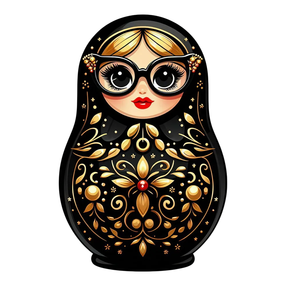 Stylized Black and Gold Matryoshka Doll with Glasses