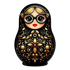 Stylized Black and Gold Matryoshka Doll with Glasses