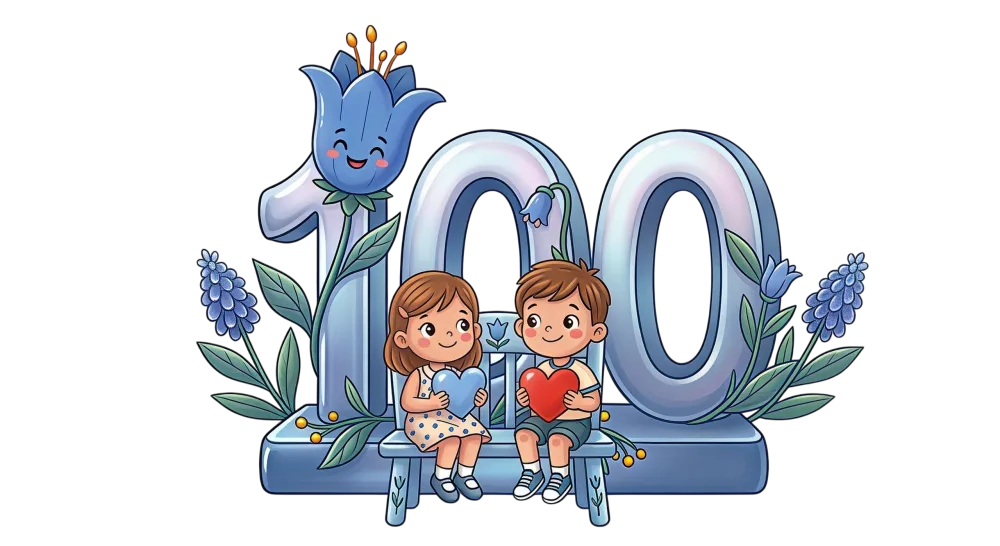 Cute Children Sitting on Bench Holding Hearts with Number 100 and Flowers