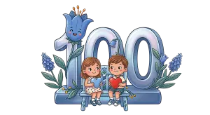 Cute Children Sitting on Bench Holding Hearts with Number 100 and Flowers
