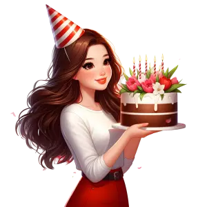 Happy Young Woman in Party Hat Holding Birthday Cake with Candles and Flowers
