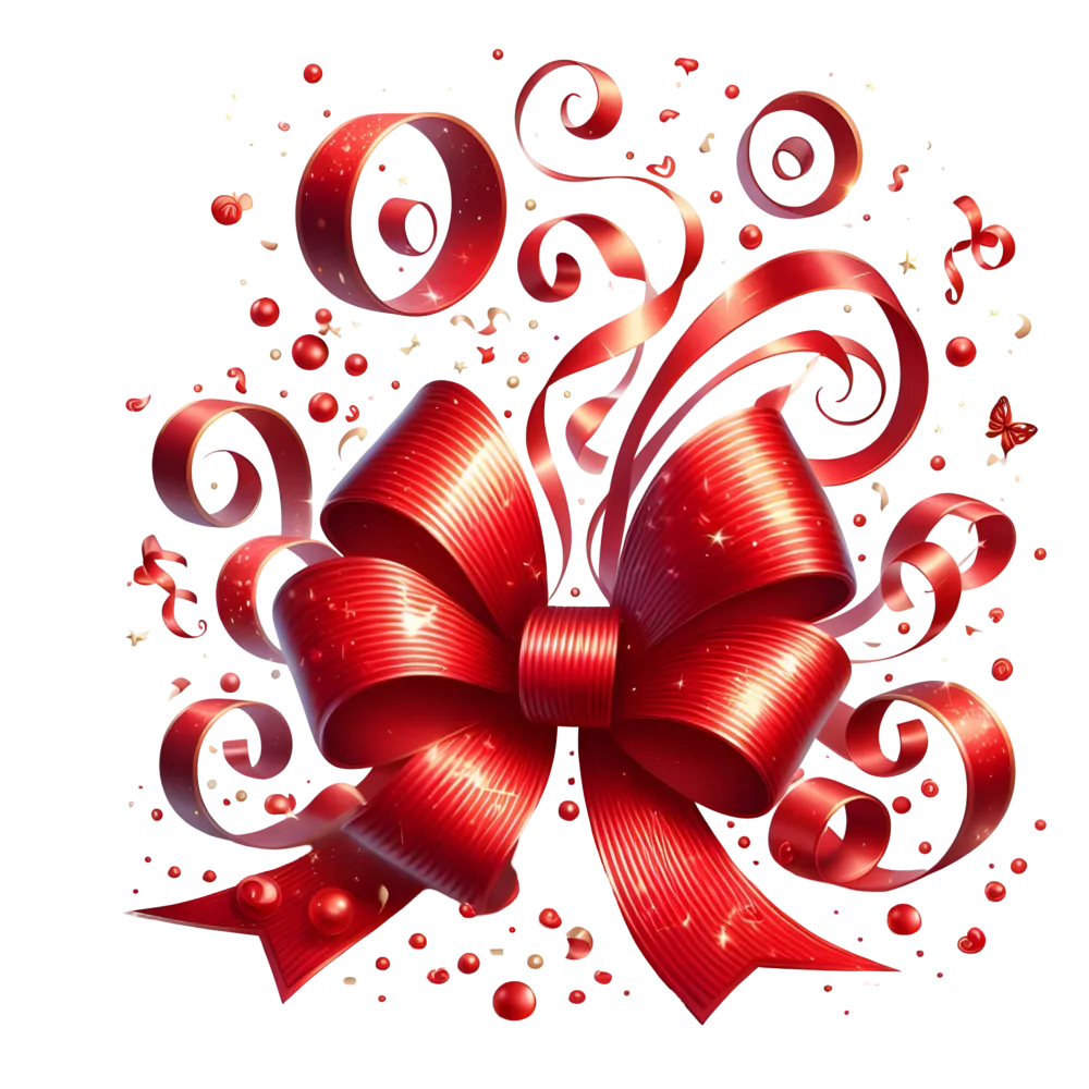 Red Decorative Ribbon Bow with Swirls and Ornaments