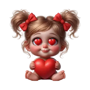 Cute Cartoon Baby Girl with Heart Eyes Holding Red Heart