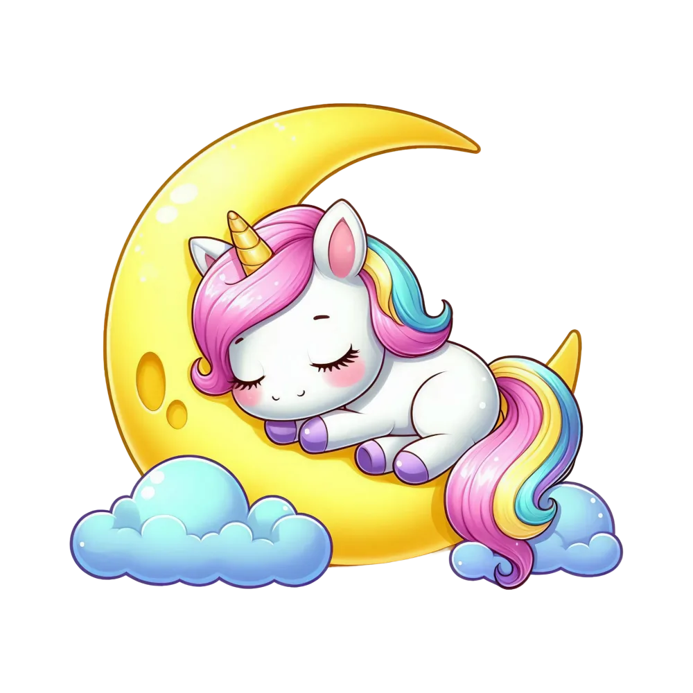 Sleeping Unicorn on Crescent Moon with Clouds