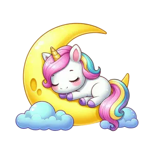 Sleeping Unicorn on Crescent Moon with Clouds