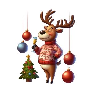 Festive Reindeer in Sweater with Champagne and Christmas Decorations