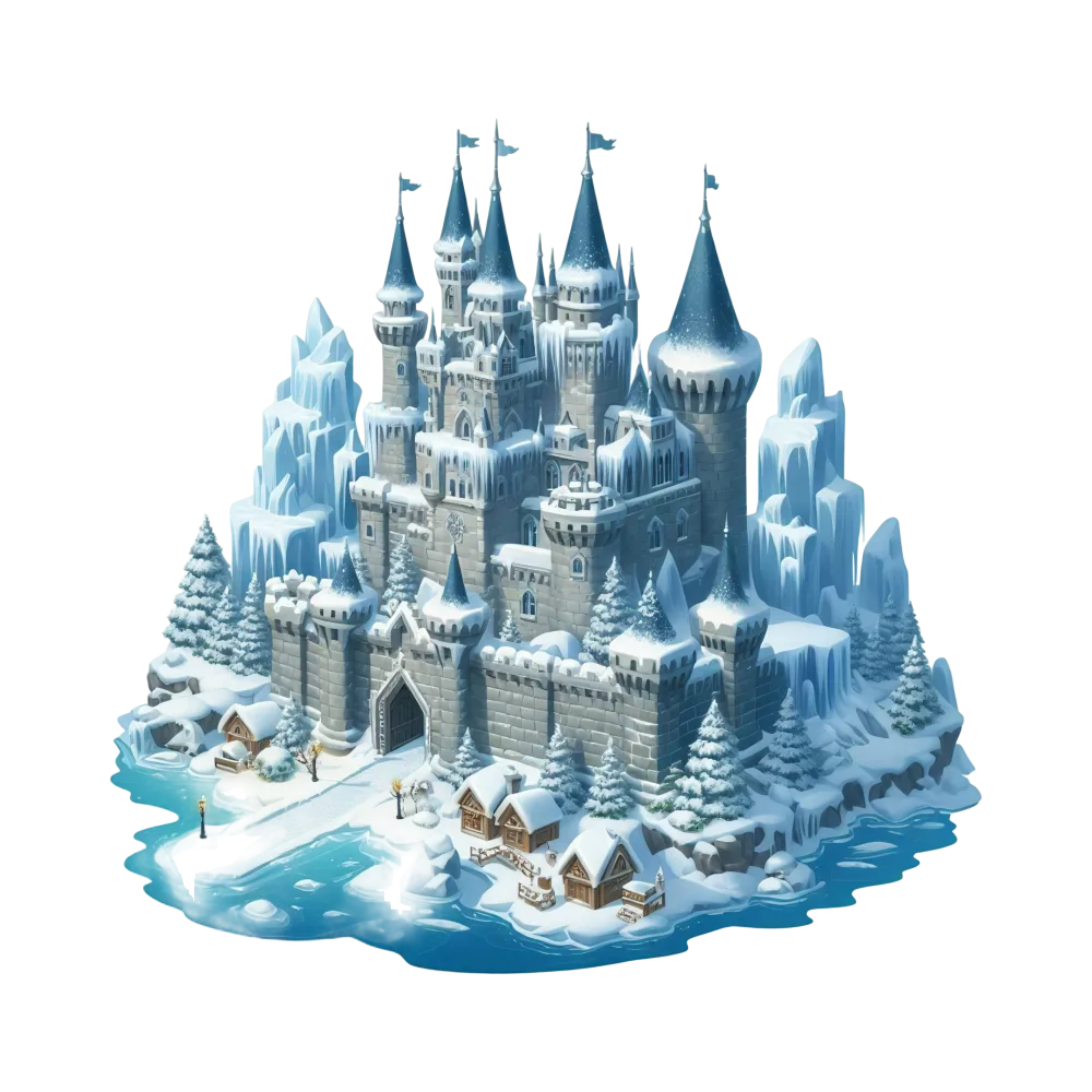 Winter Ice Castle with Snow-Covered Village
