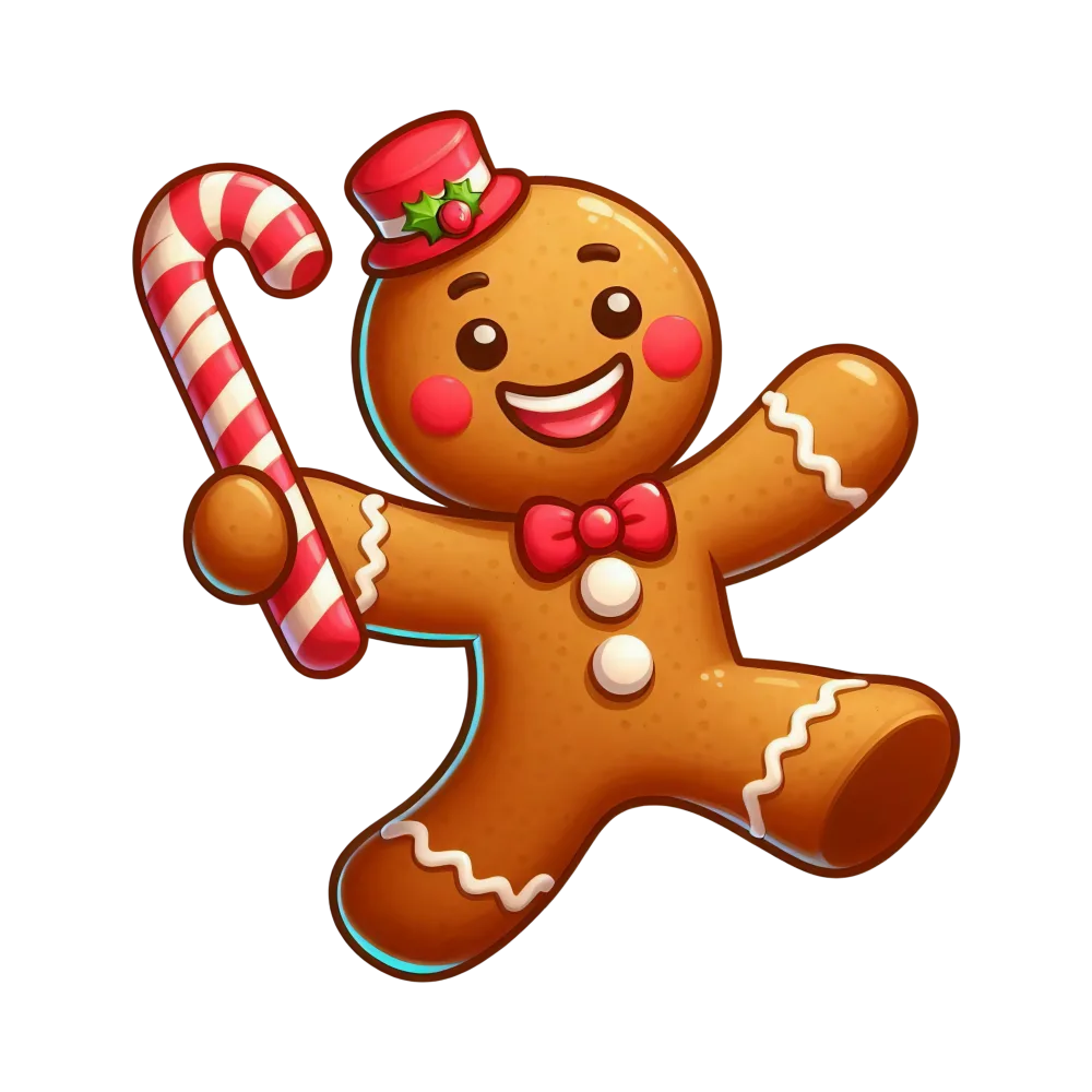 Cheerful Gingerbread Man with Candy Cane and Red Hat