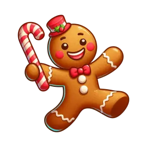 Cheerful Gingerbread Man with Candy Cane and Red Hat