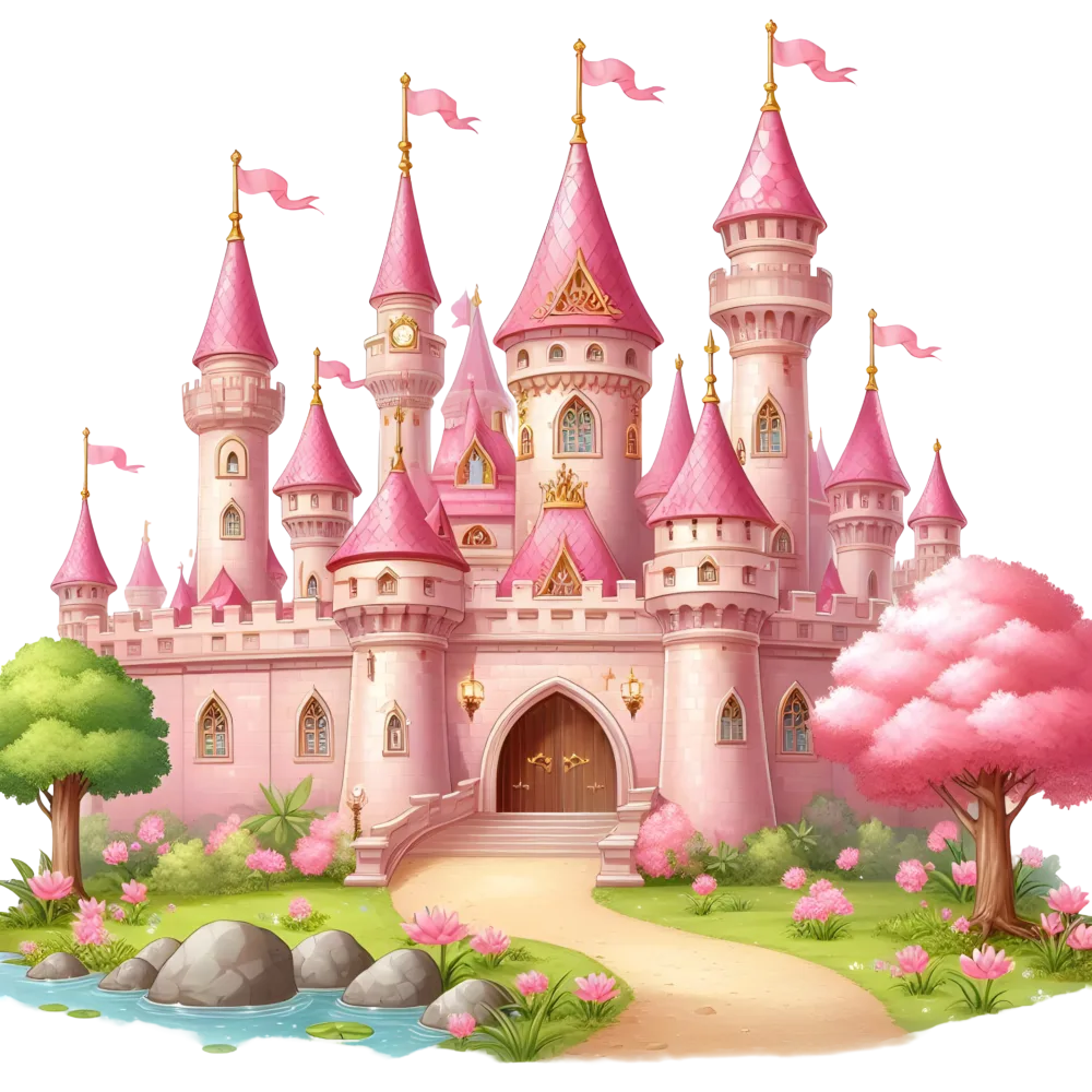 Pink Fairy Tale Castle with Garden and Flags