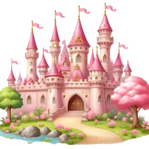 Pink Fairy Tale Castle with Garden and Flags