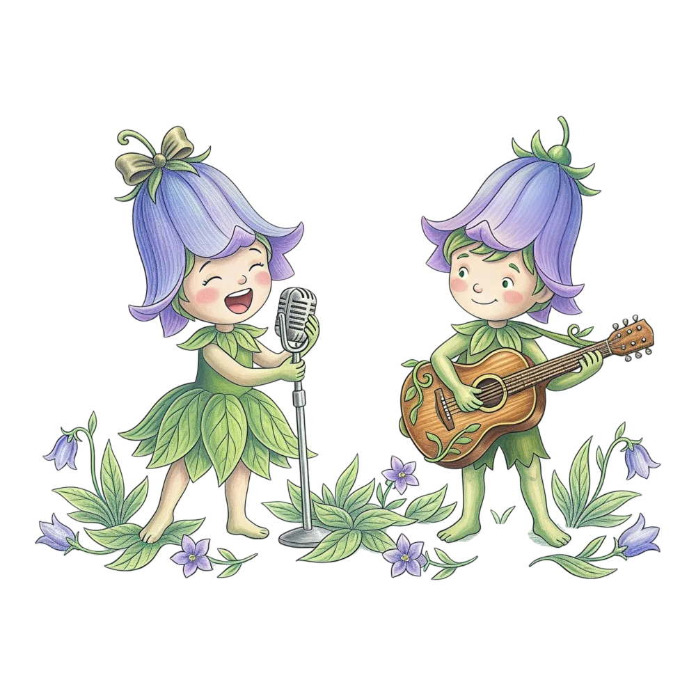 Two Flower Children Performing Music with Guitar and Microphone