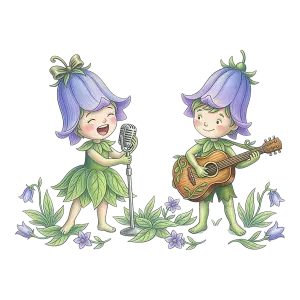 Two Flower Children Performing Music with Guitar and Microphone