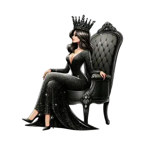 Elegant Woman Wearing Black Gown and Crown Sitting on Throne