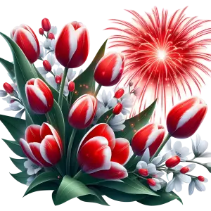 Red and White Tulip Bouquet with Fireworks
