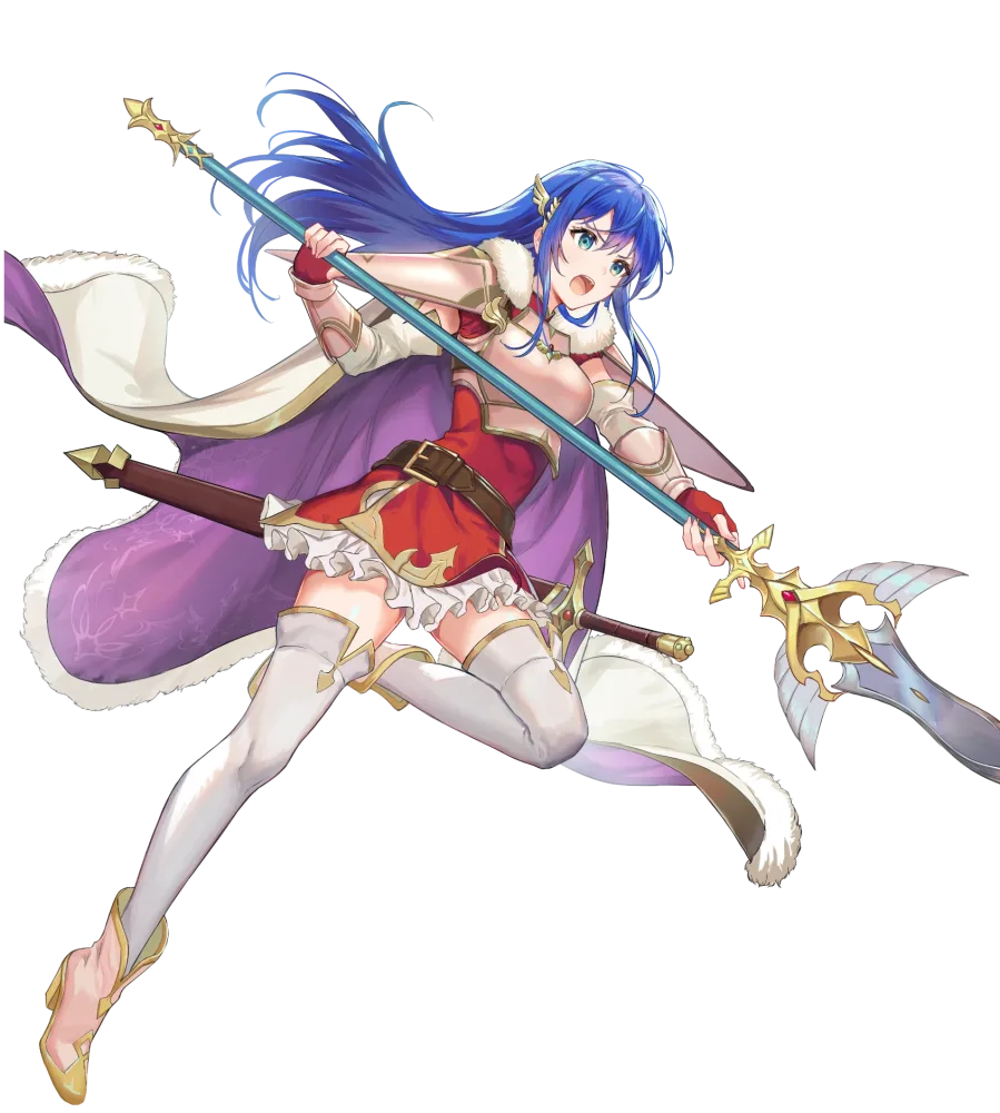 Anime Female Warrior with Blue Hair and Spear in Action Pose